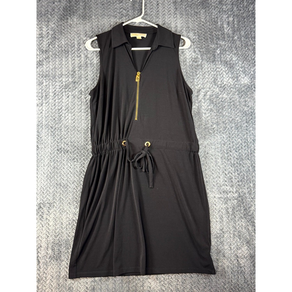 Michael Kors Mini Dress Women L Black Sleeveless Gold Zip Front Drawstring Waist